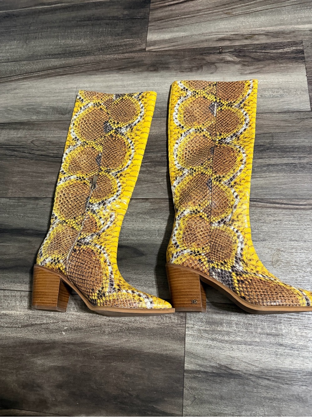 Women's Sam Edelman Yellow Snake-Print Mid-Calf Block Heel Boots